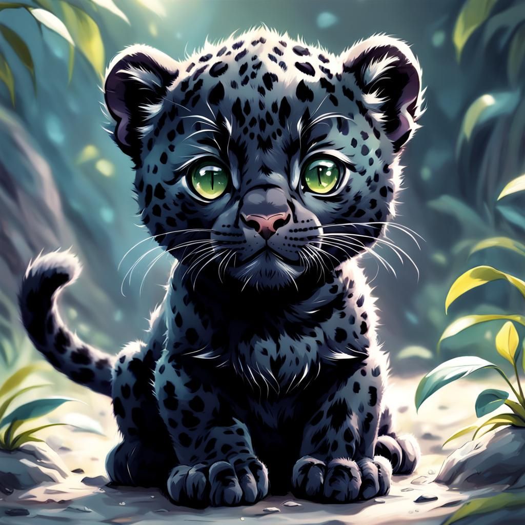 Adorable Baby Black Leopard in Anime Style