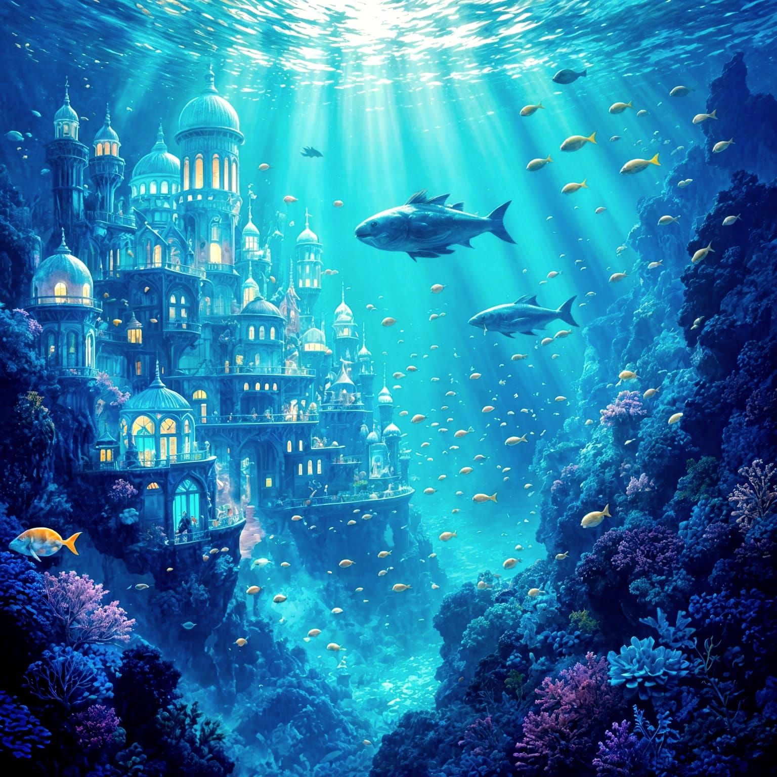 Vibrant Underwater City With Merfolk And Sea Creatures
