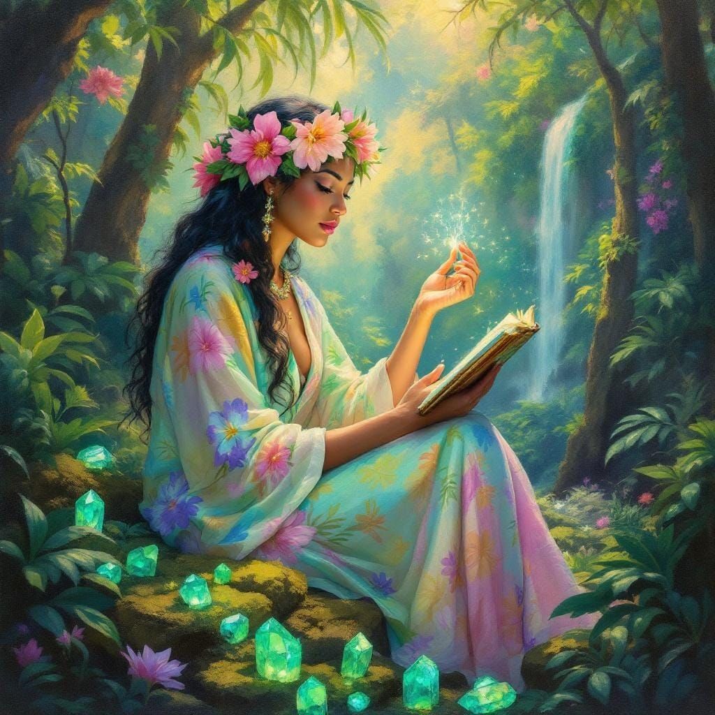 Hawaiian Goddess Writing in Emerald Forest, Oil Painting
