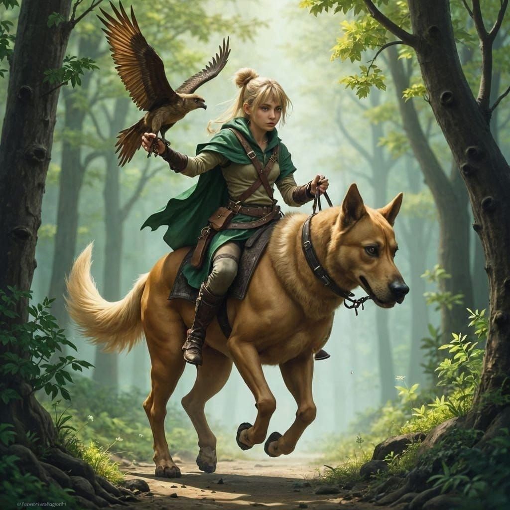 Halfling Ranger Rides Mastiff Through Fantasy Forest