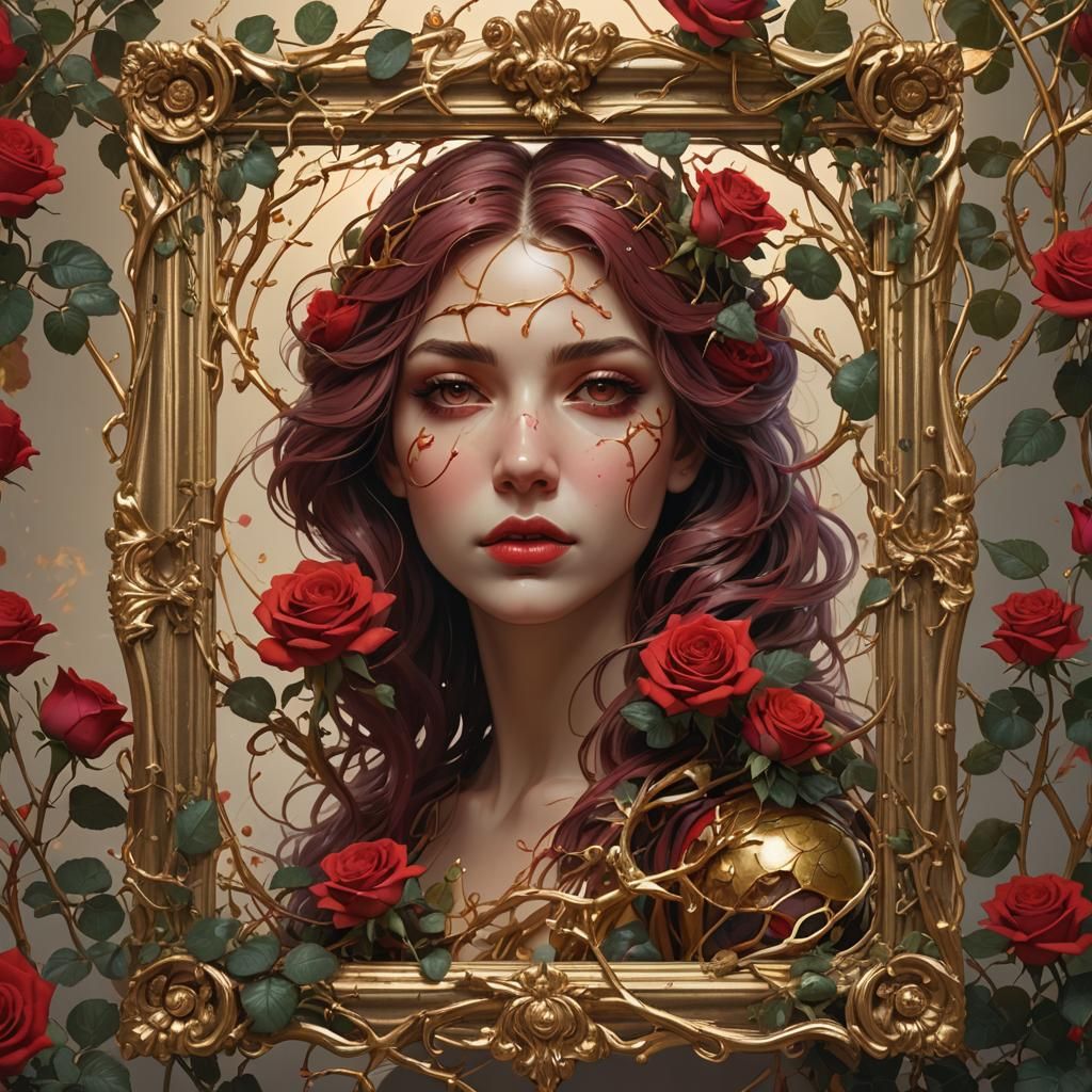 Rose Vines Around Gold Frame: Digital Art Portrait