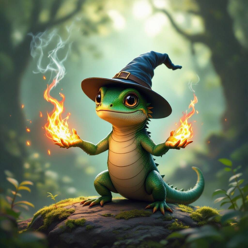 Emerald Lizard Wizard Casting Fire Spell in Forest