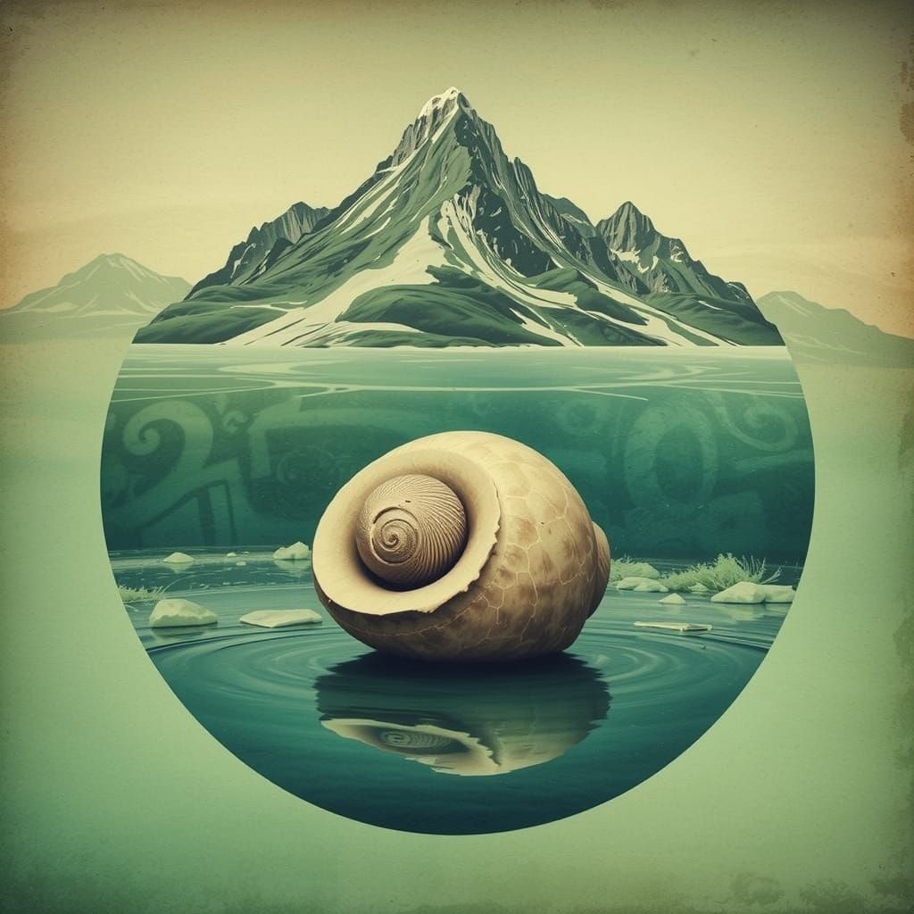 Surreal Beige Sculpture in Teal Water with Mountains