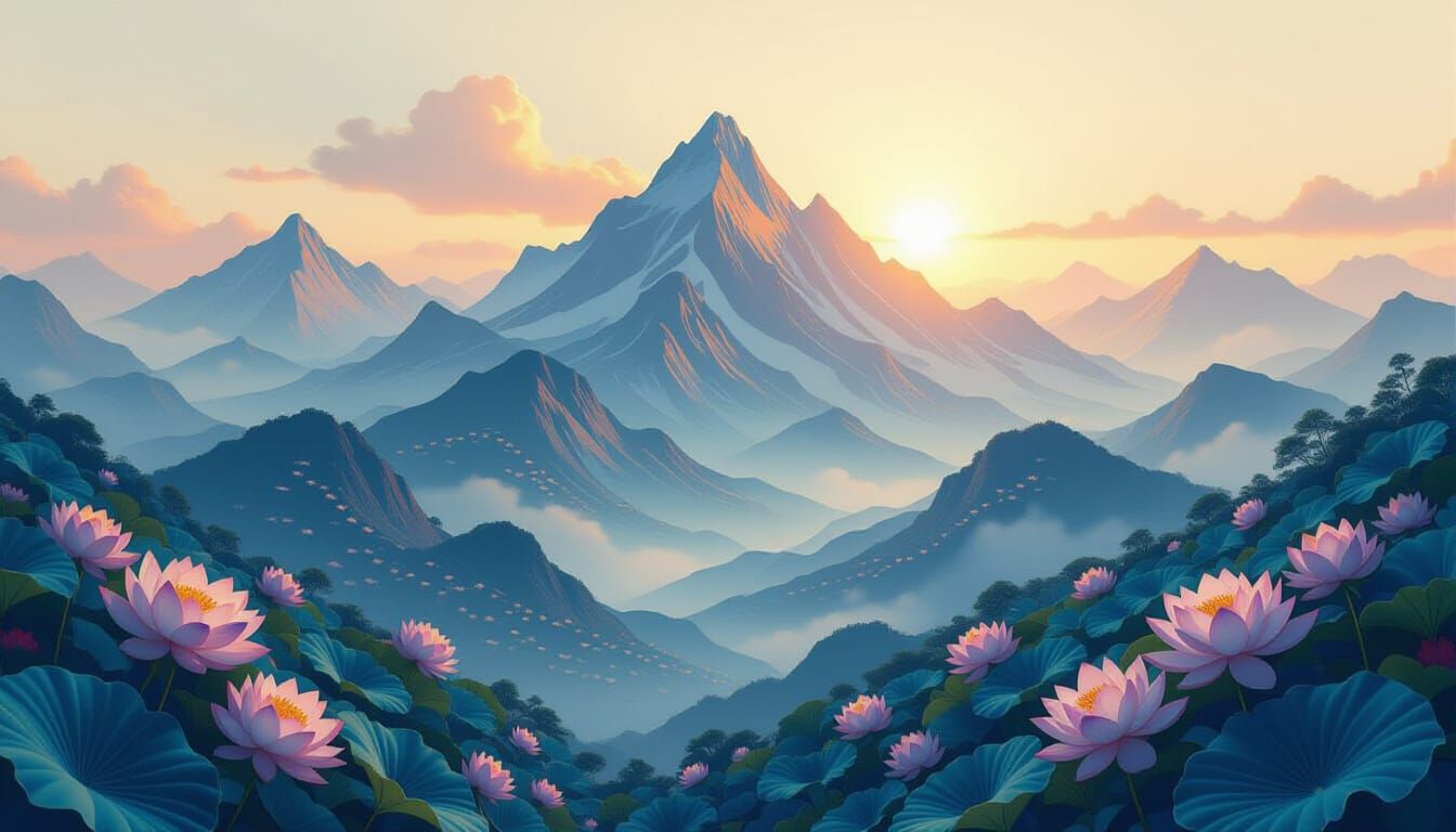 Surreal Mountain Lotus Fractal Streams in Golden Hour