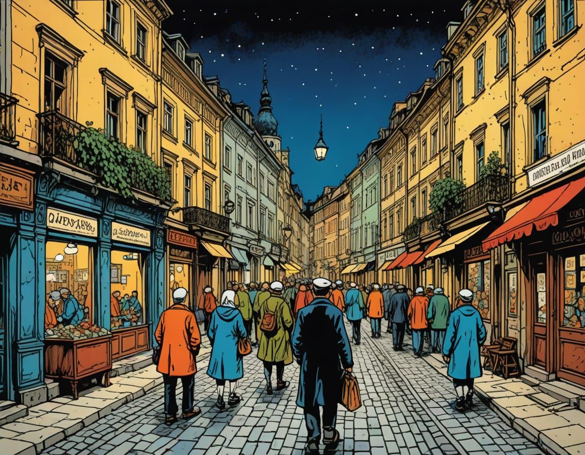 Lviv Street Illustration in Hergé's Tintin Style