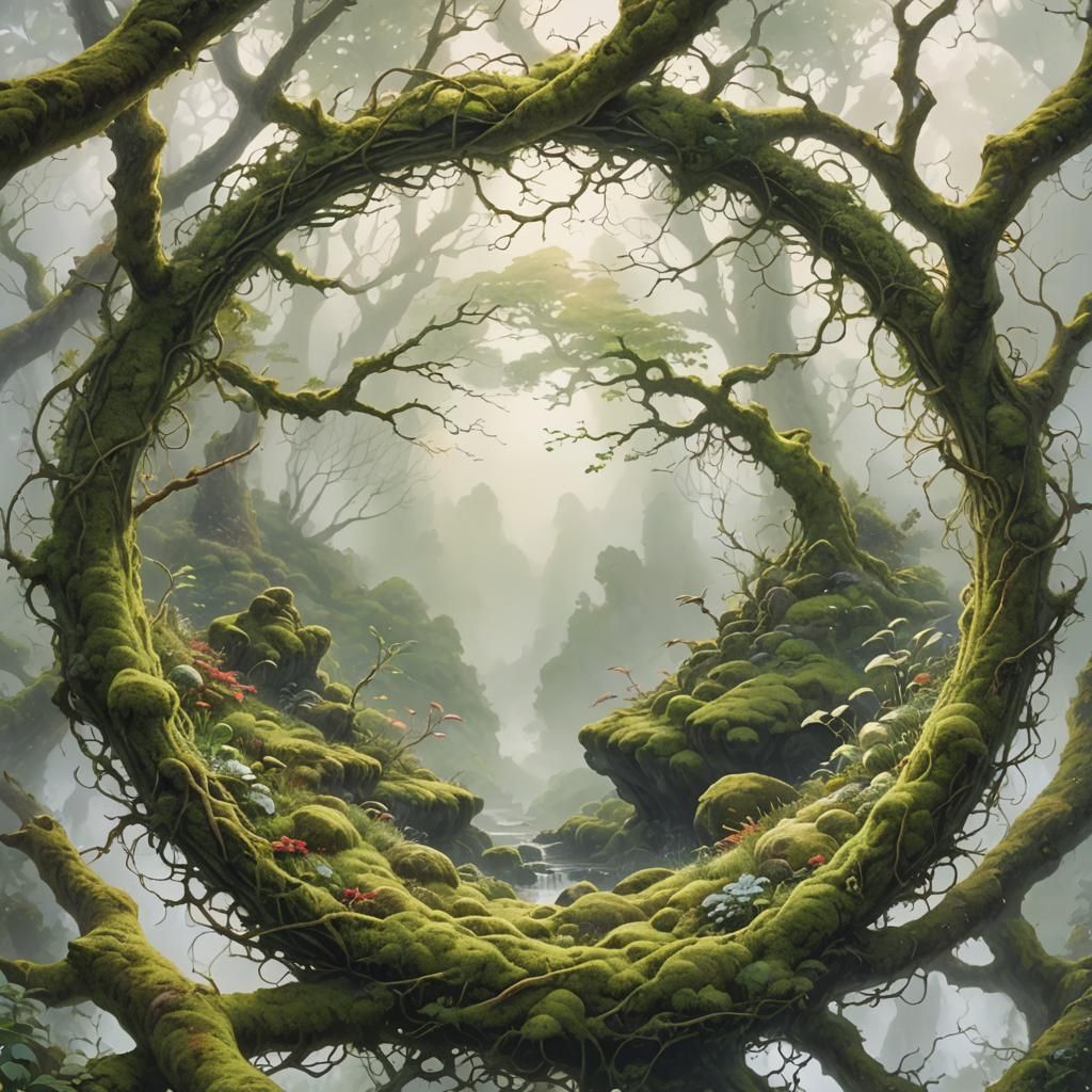 Ethereal Moss Circle on White, Fantasy Style