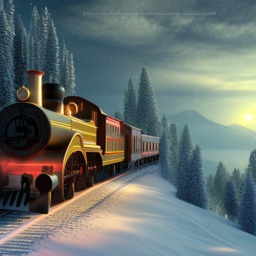 Christmas Train Among Clouds at Night in 3D