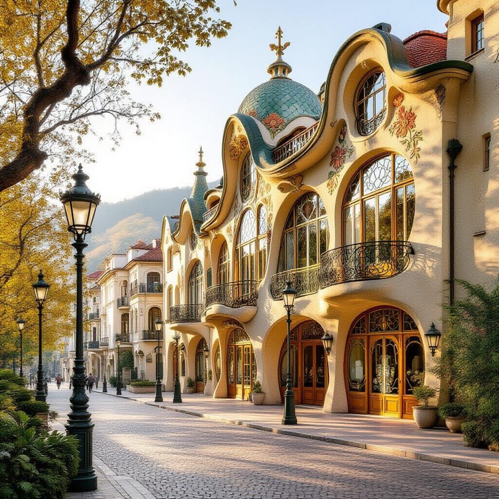 Art Nouveau Cityscape in Golden Hour Light