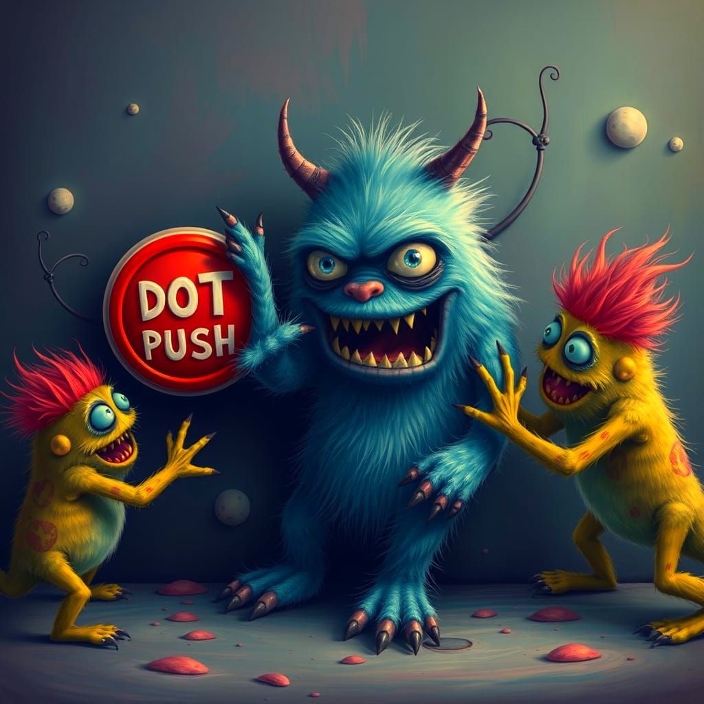 Whimsical Monster Resists Pushing Button