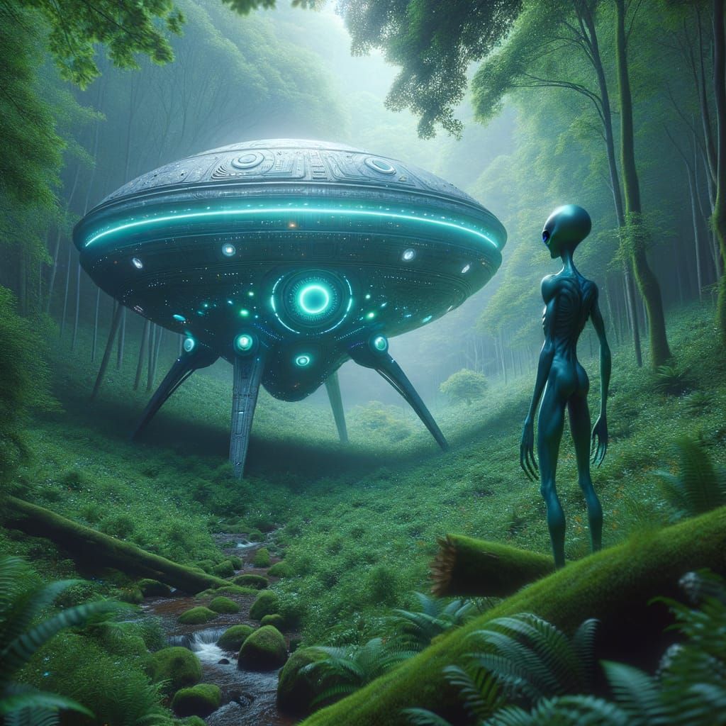 Alien spaceship, in the forest, with an alien standing by