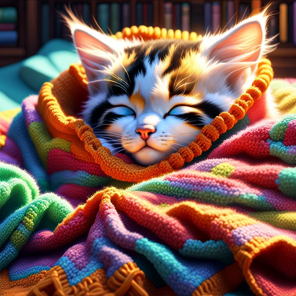 Sleeping Kitten in Crochet Blankets: Pointillism Style