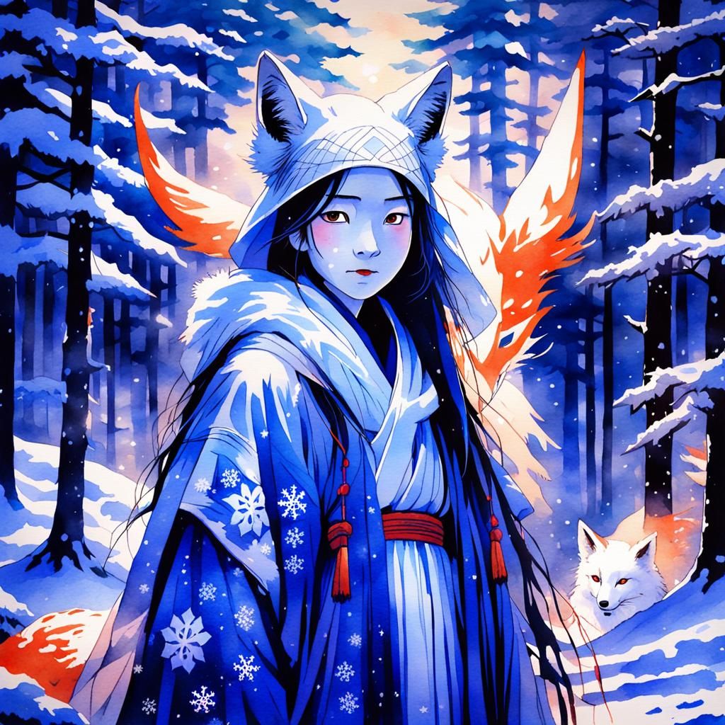 Yuki Onna and Kitsune in Mythic Japanese Watercolor