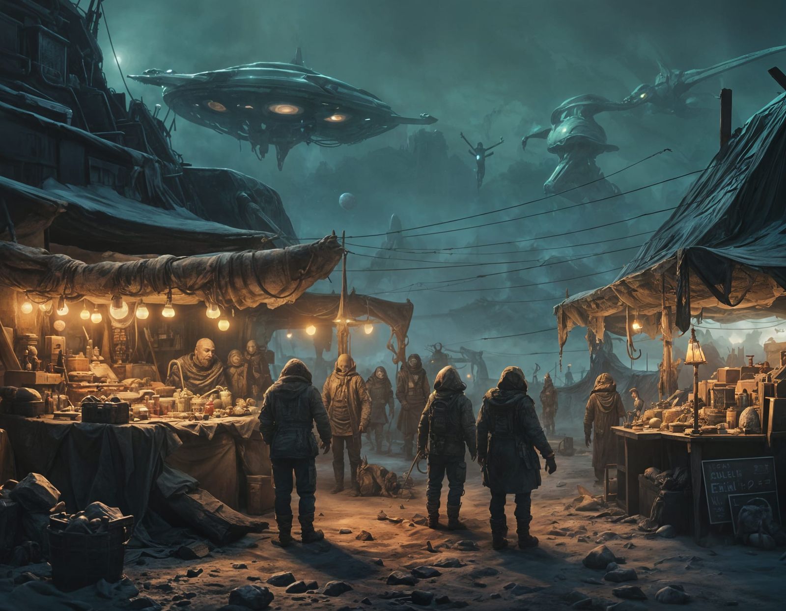Bustling Alien Marketplace in Dark Fantasy Style