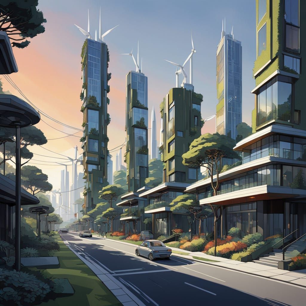 Sustainable Futuristic Cityscape with Integrated Wind Turbin...