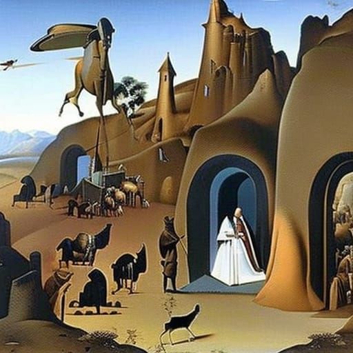 Surreal Mandalorian in Medieval Village, Artistic Rendering