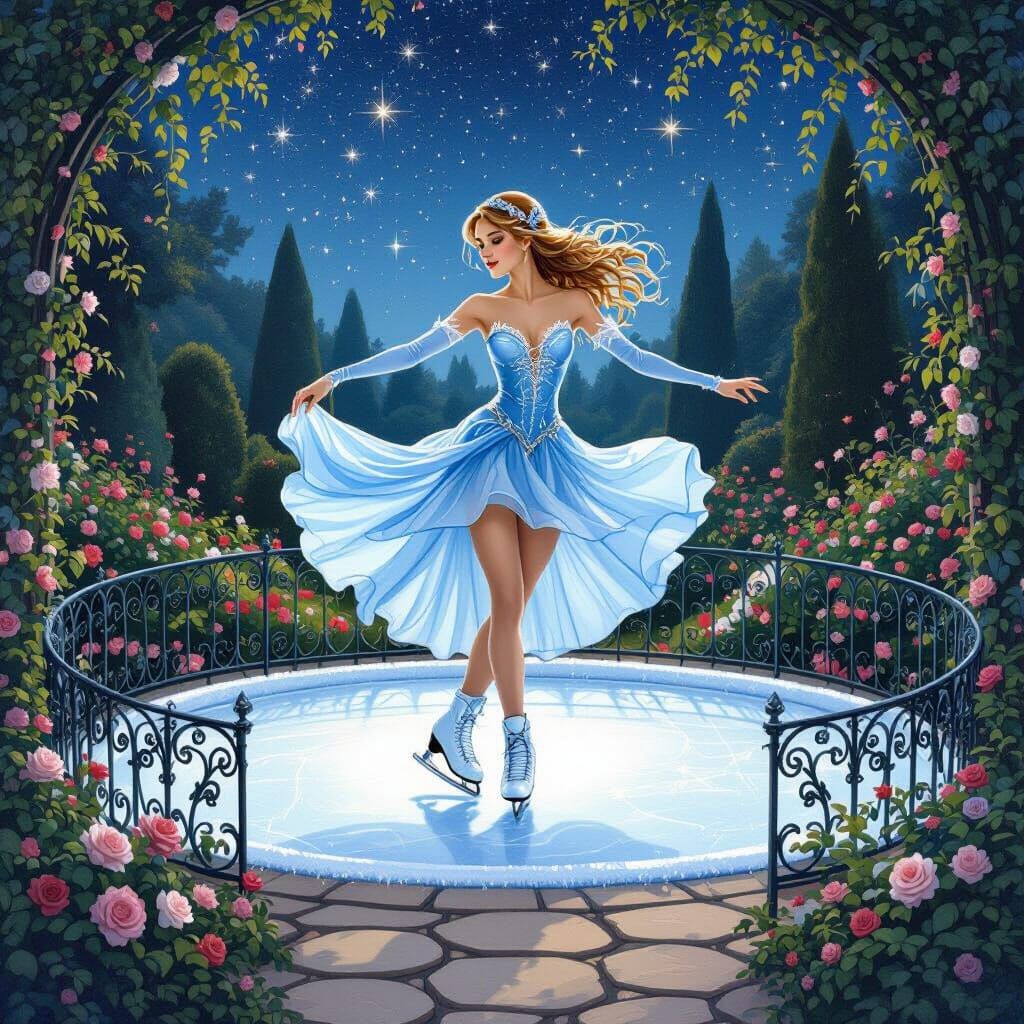Elf Figure Skater in Enchanted Garden Under Starry Night