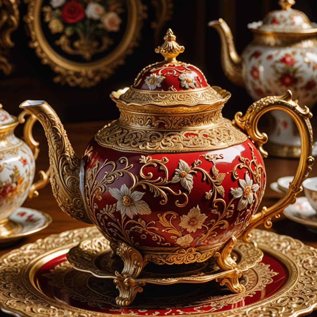 Rococo Porcelain Teapot with Gold Filigree