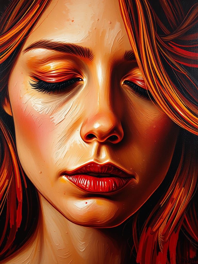 Fiery Impasto Portrait of a Woman with Molten Hair