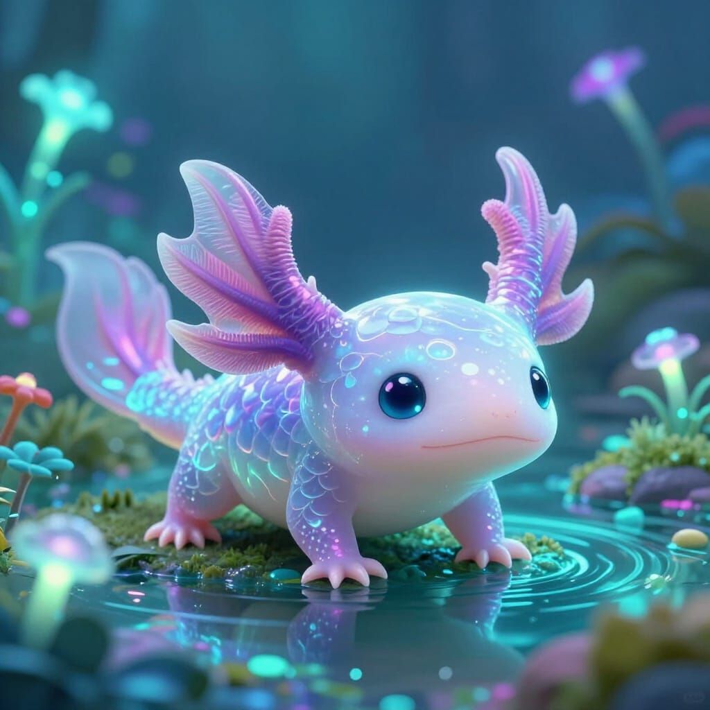 Kawaii Chibi Axolotl in Bioluminescent Pond