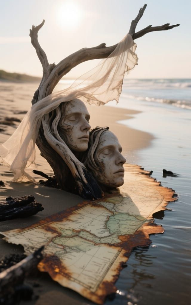 Driftwood Curling Eroded Olde-World Map, Charred and Rusty