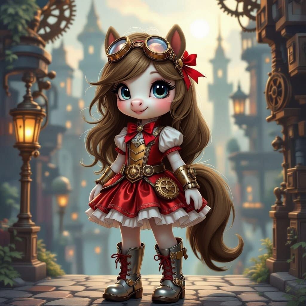 Steampunk Pony in Creamy White Fur and Copper Dress