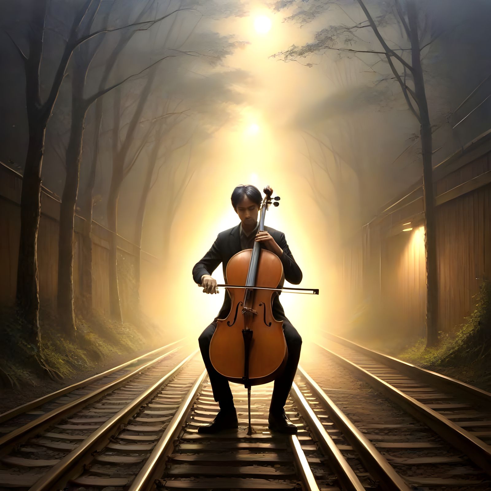 A Whimsical Oil Painting of a Cellist in Spotlight