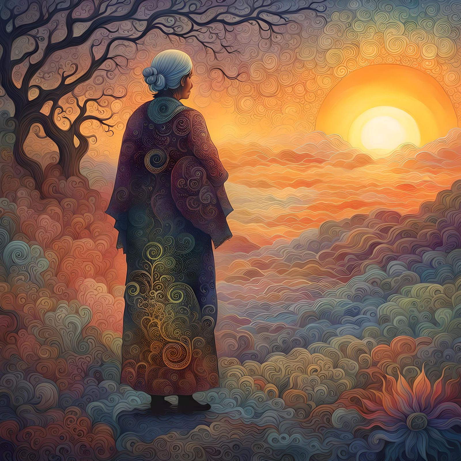 Ethereal Sunrise Portrait of Older Woman