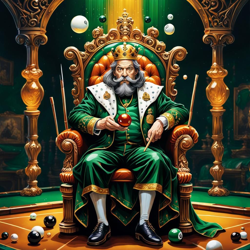 Irish Billiards King on Amber Throne, Hyperrealistic Art