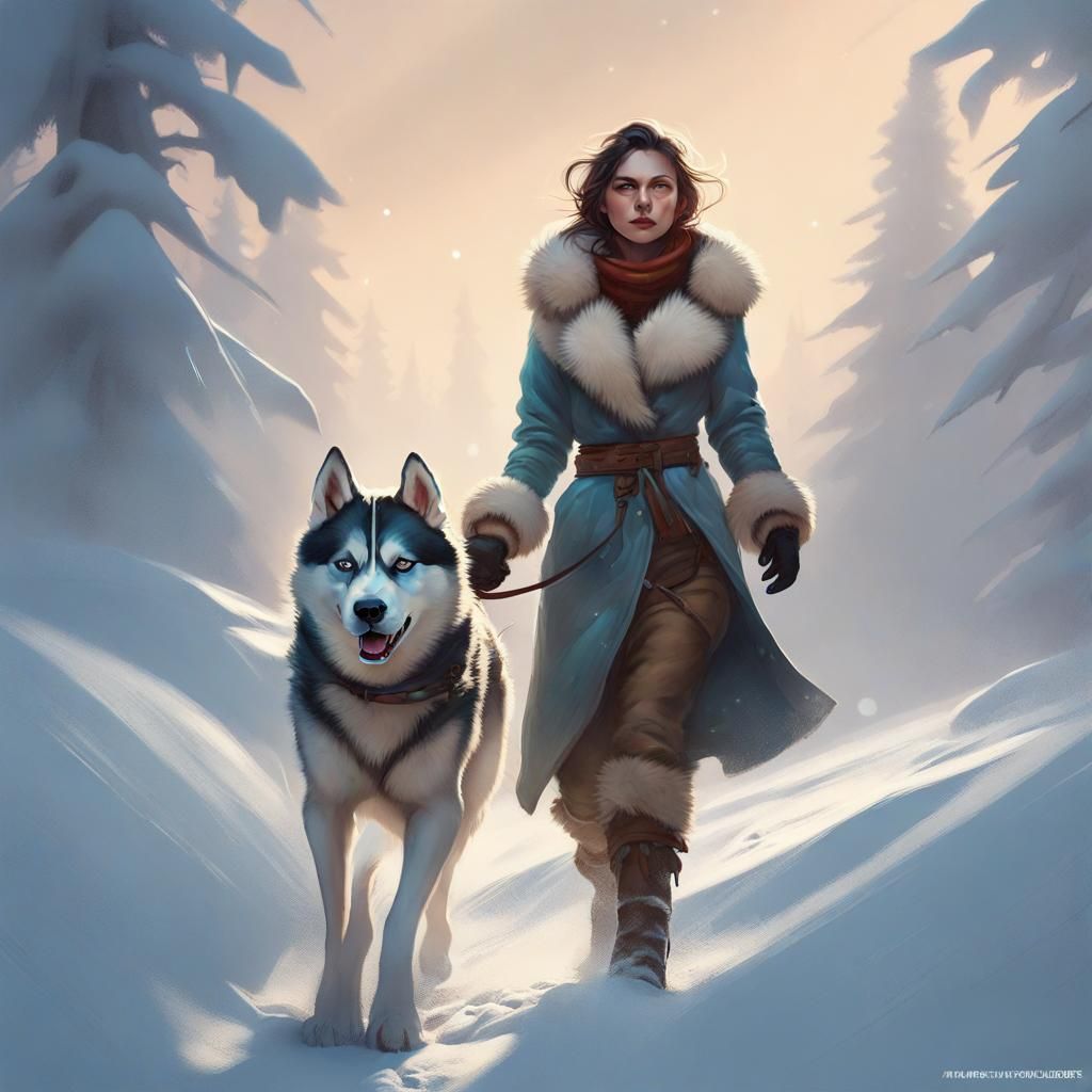 Girl and Husky in Snowy Finnish Landscape
