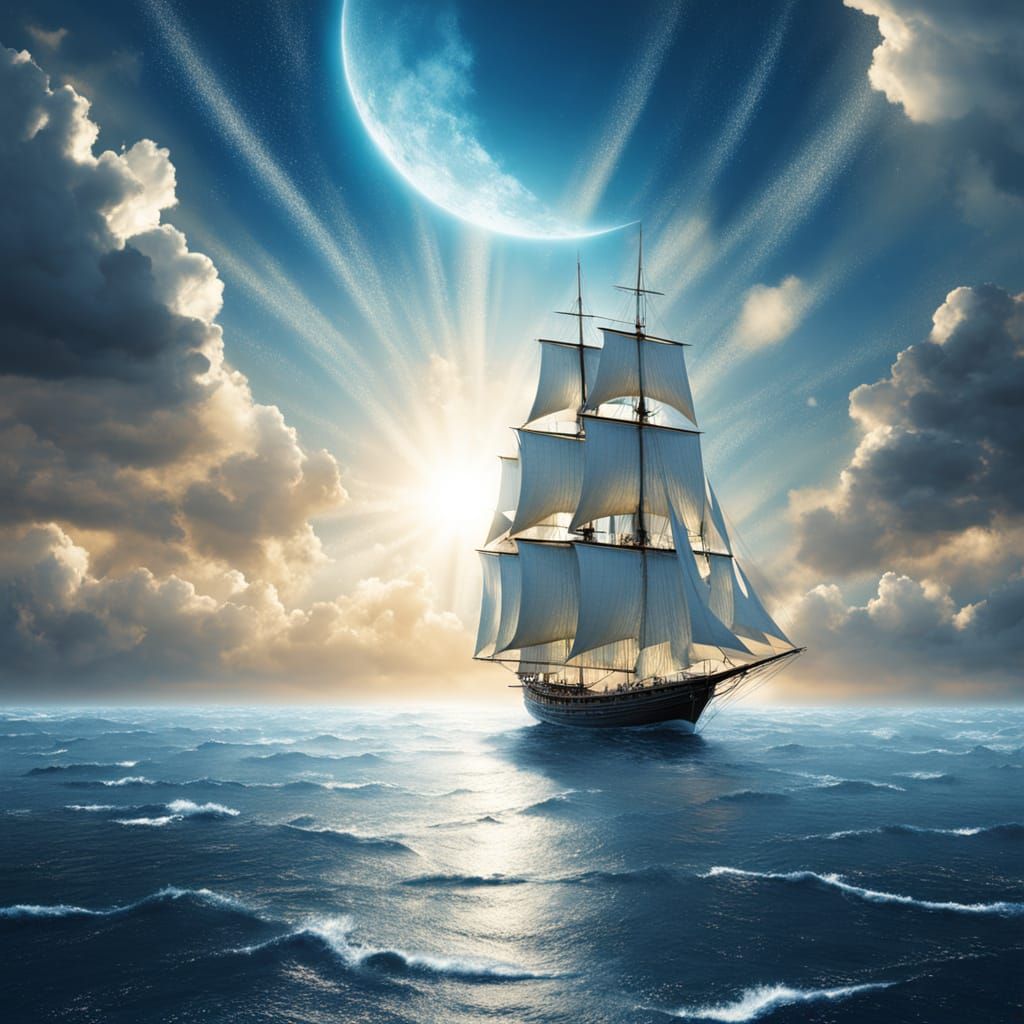 Moonlit Sailboat on Shimmering Ocean at Twilight