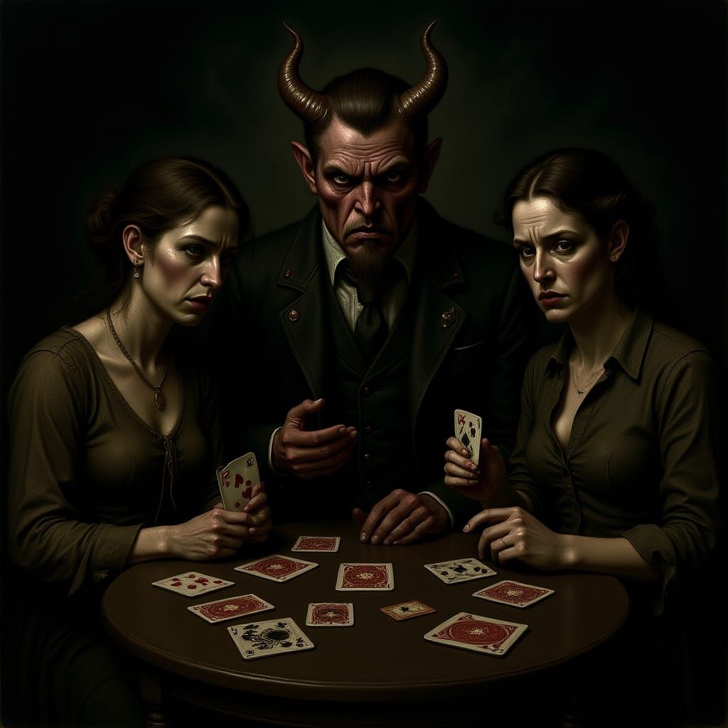 Desperate Couple's Card Game with the Devil in Dark Biomecha...