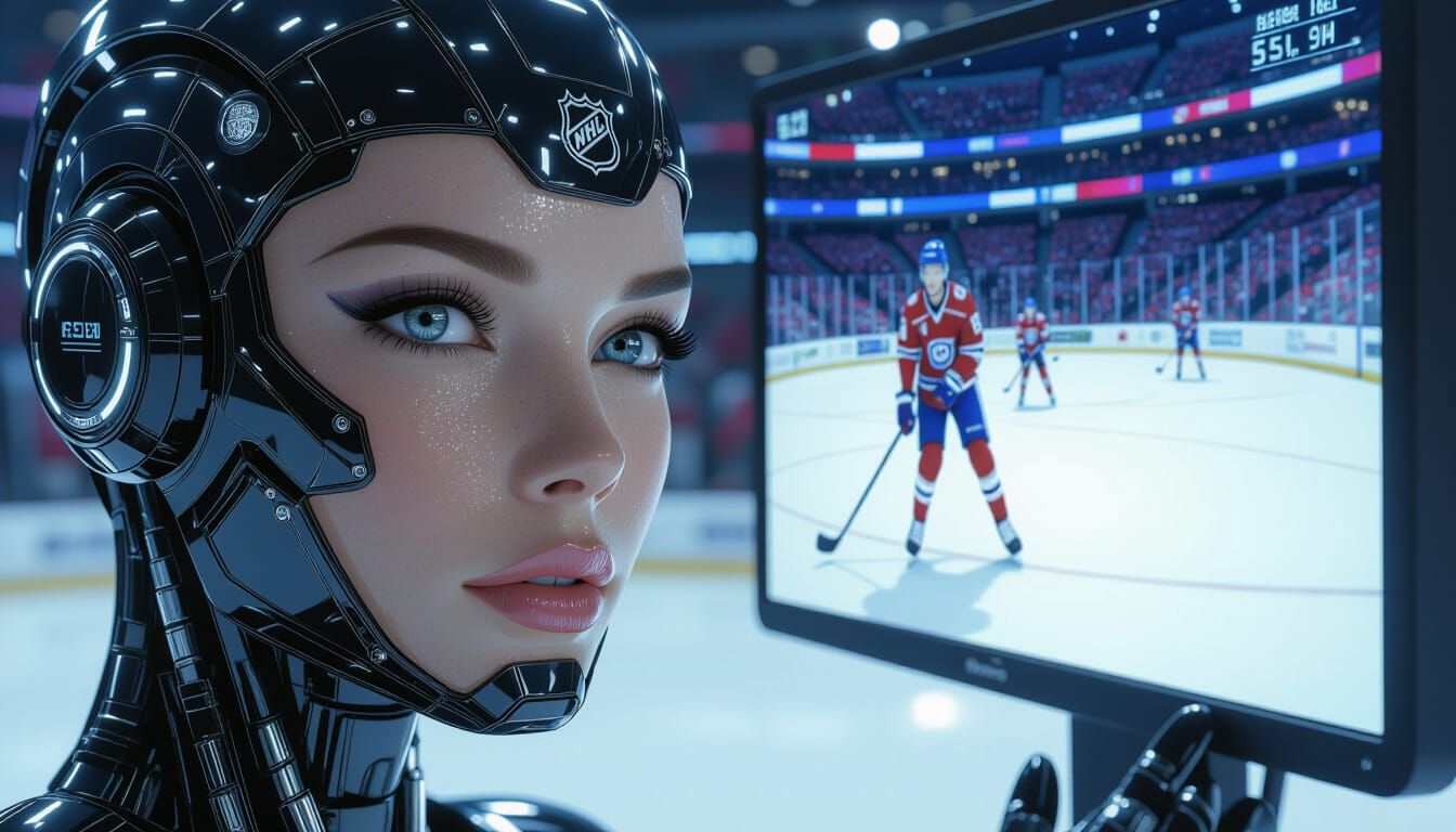 Android Woman Displays Hockey Score, Genre Painting Style