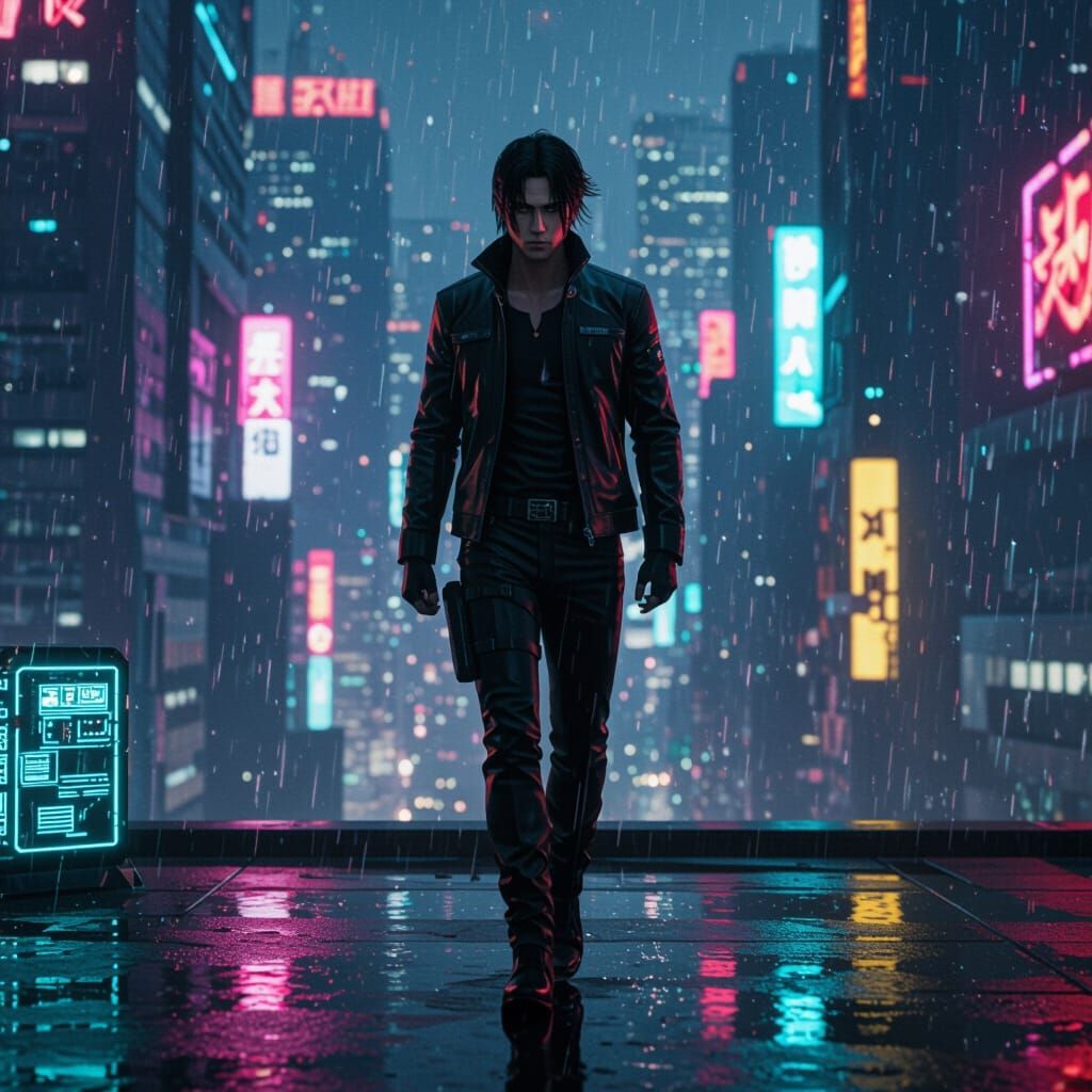 Cyberpunk Anime Character on Futuristic City Rooftop