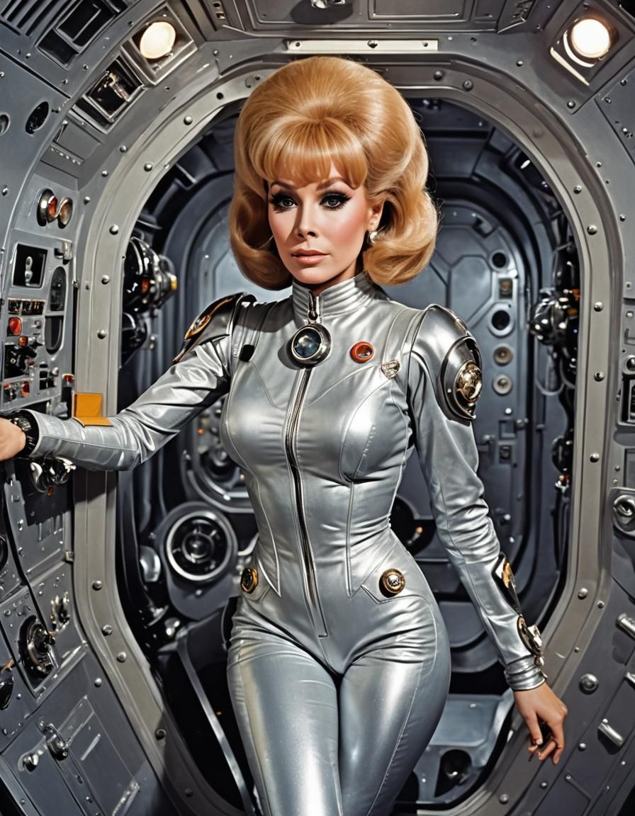 Retro Sci-Fi Pin-Up Girl in Spaceship Interior