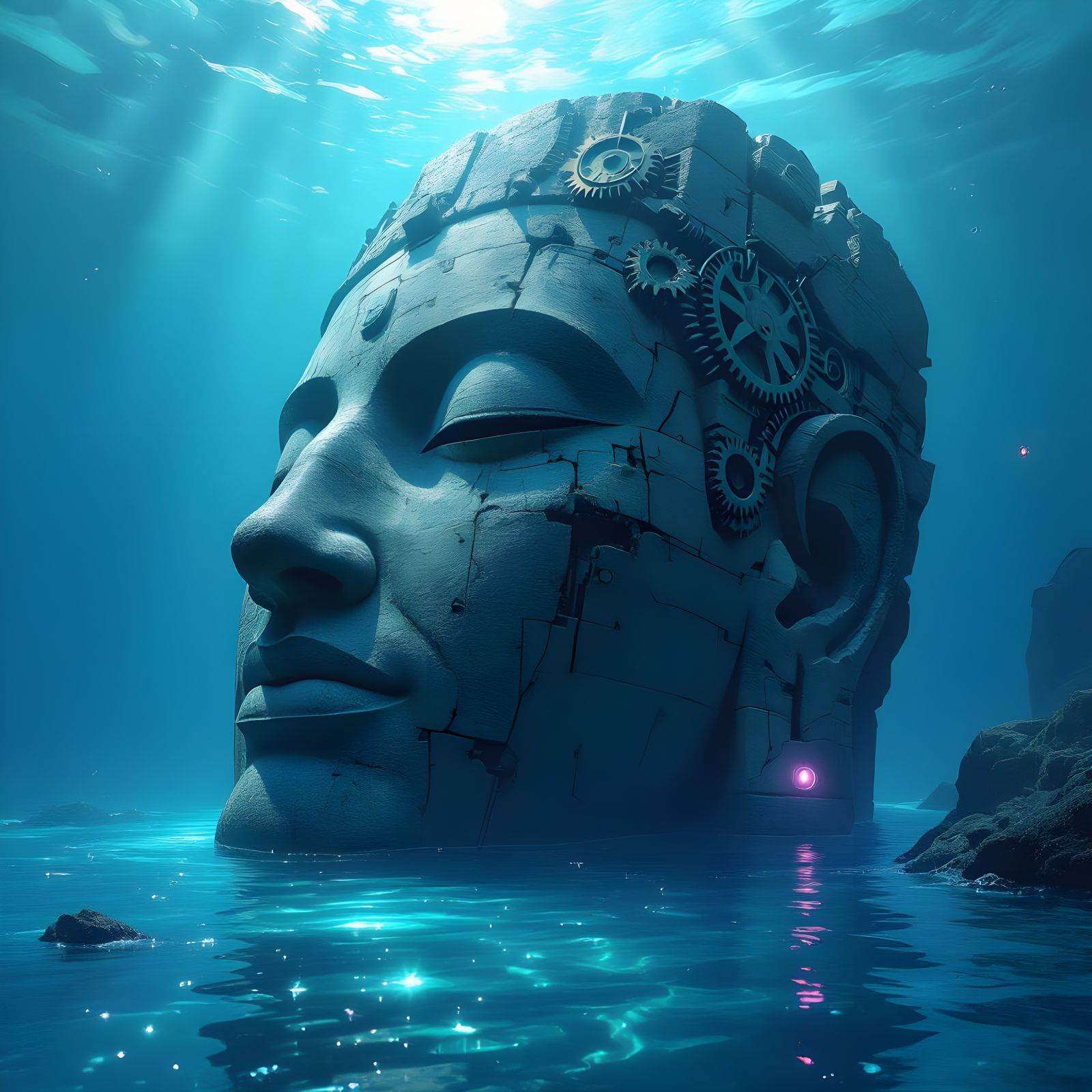 Ancient Steampunk Statue in Bioluminescent Ocean