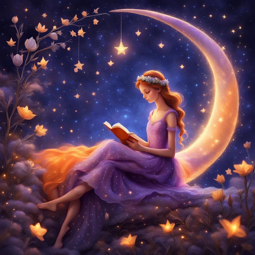 Fairy Reading on Moon in Ethereal Style