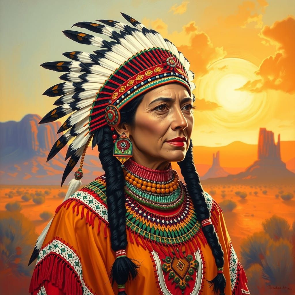 Regal Native American Woman in Vibrant Desert Landscape