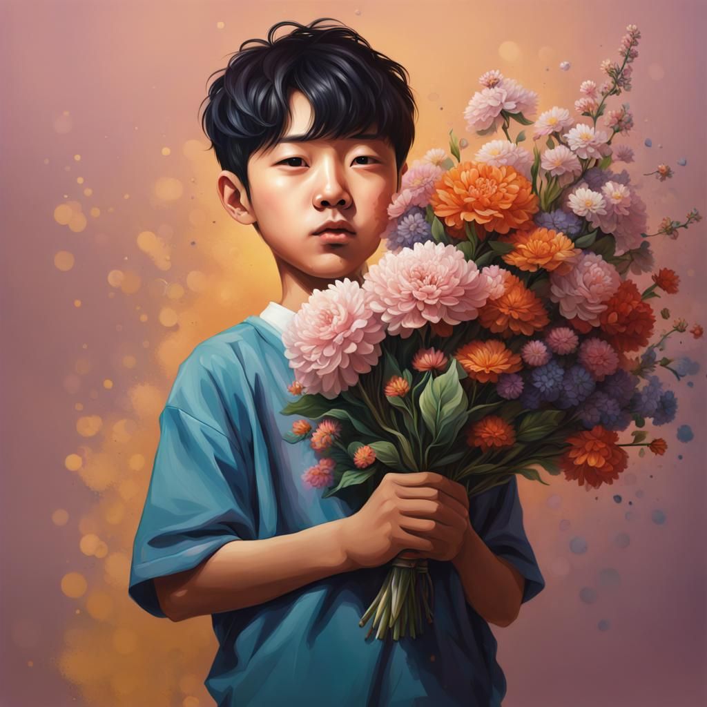 Korean Boy with Flowers: Hyperrealistic Portrait