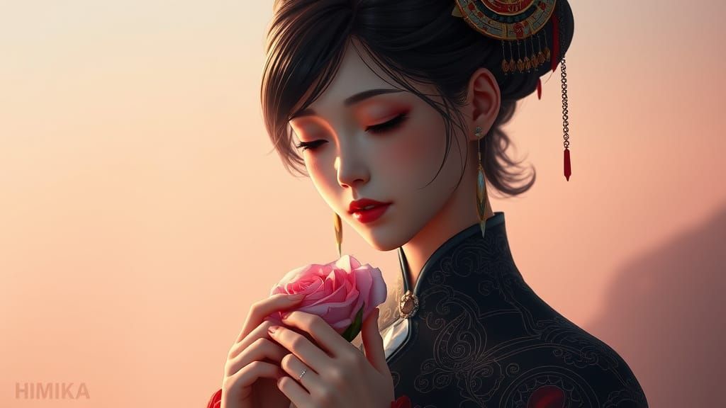 Serene Himeko in Futuristic Attire, Holding Delicate Rose