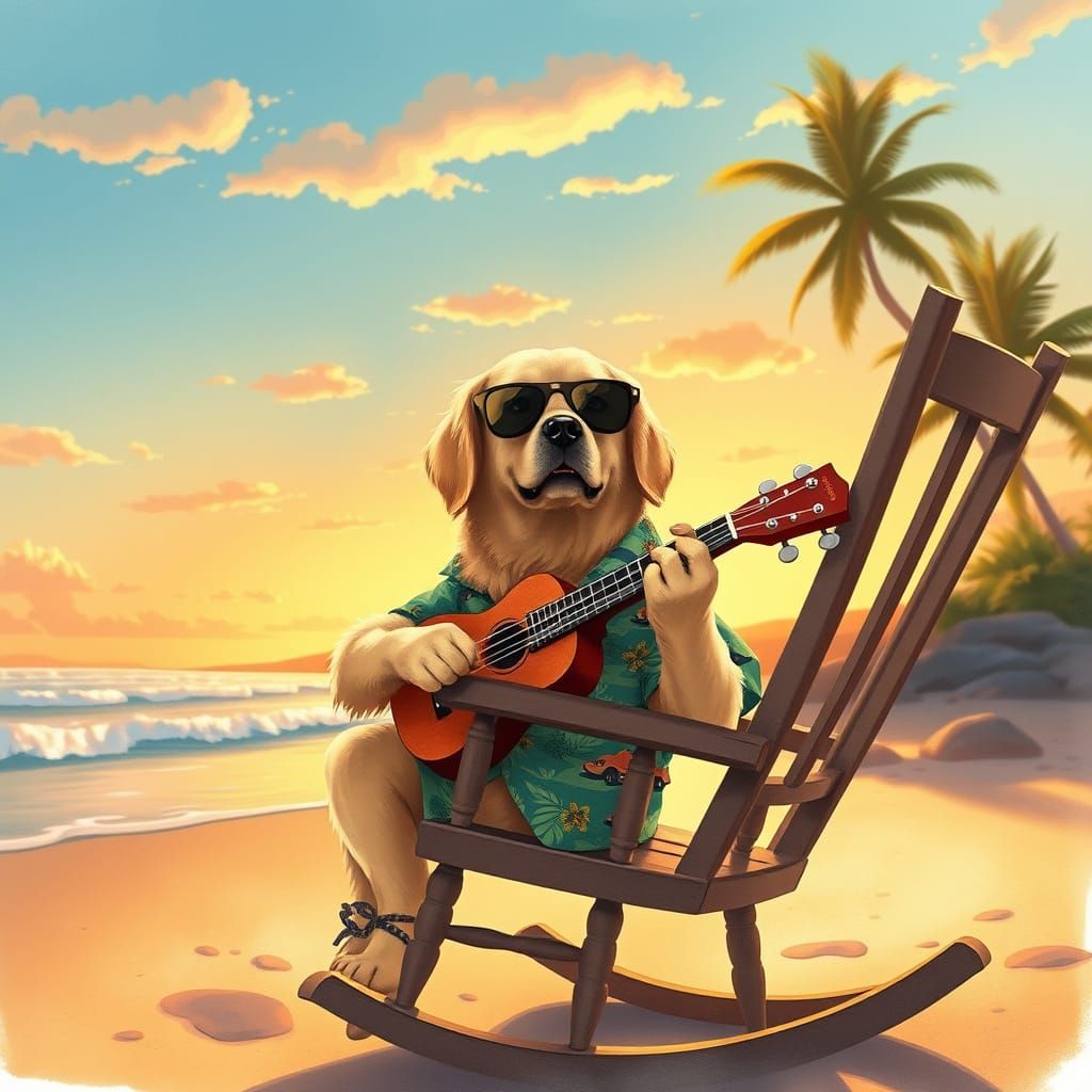 Golden Retriever Strums Ukulele on Tropical Beach, Anime Sty...
