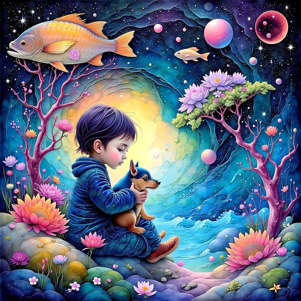 Ethereal Anime Moonscape with Abstract Patterns