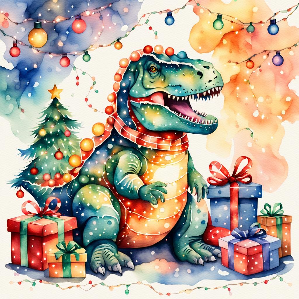 Festive T-Rex Dinosaur in Watercolor Style