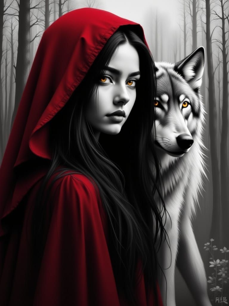 Gothic Fairytale Portrait: Red Hood and Wolf