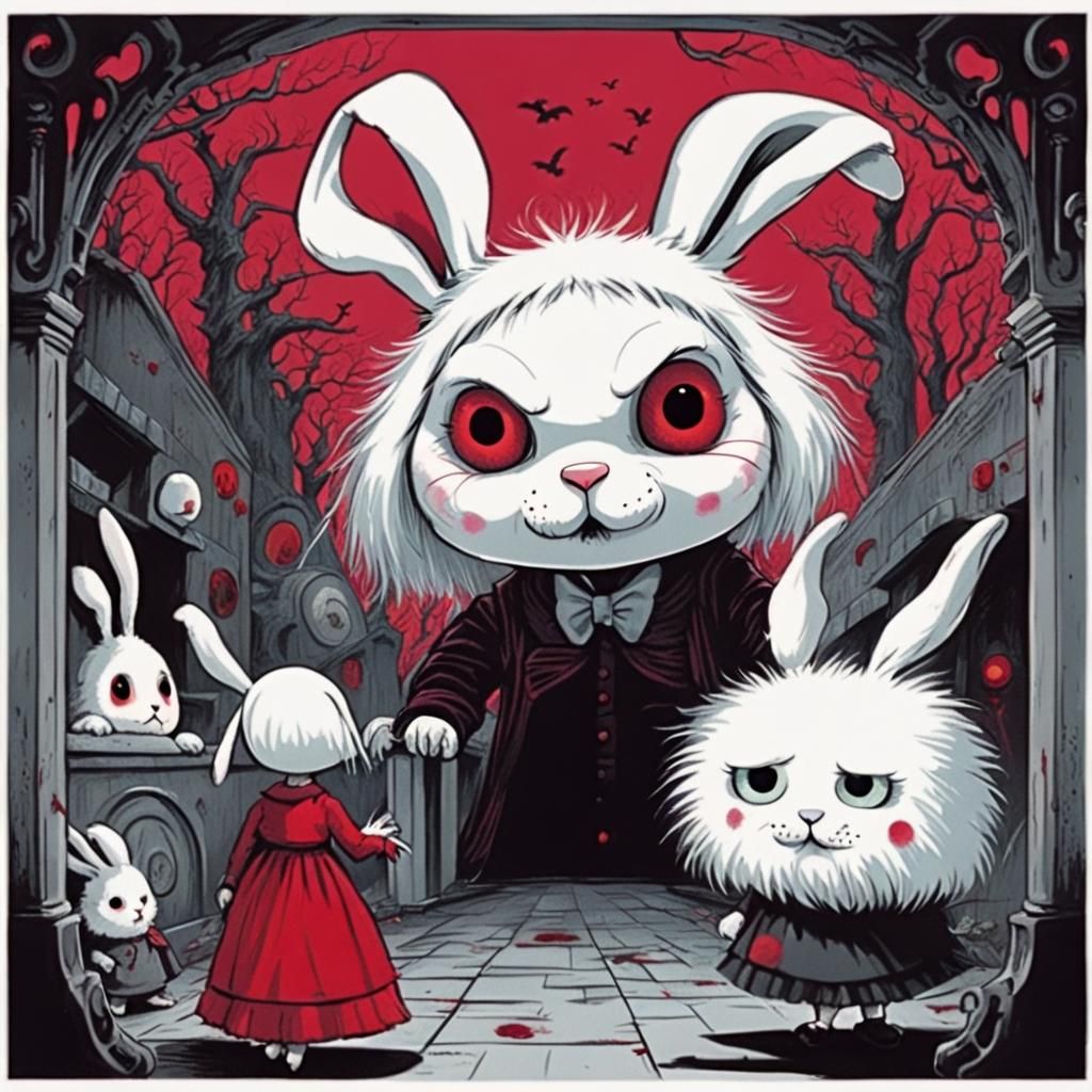 Creepy Cute Girl and Rabbit in Tim Burton Style