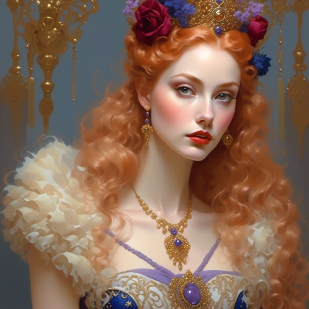 Red-Haired Goddess Portrait with Roses in Watercolor Style