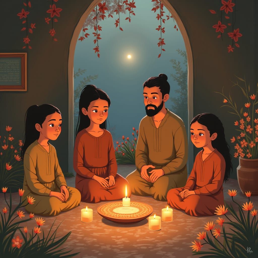 Family Prayer Scene in Geometric, Emotional Style