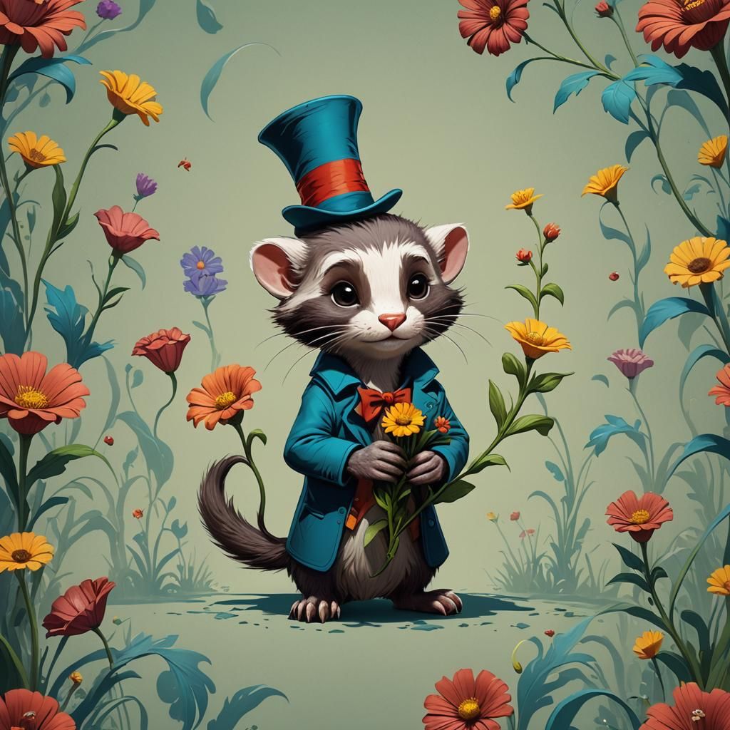 Stylized Ferret Holding Flower in Dr. Seuss Style