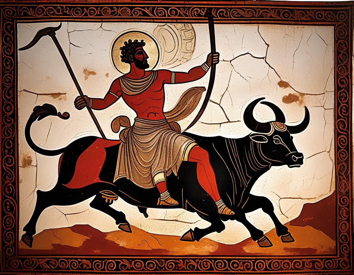 Mars Rides Bull in Pompeii Fresco Style