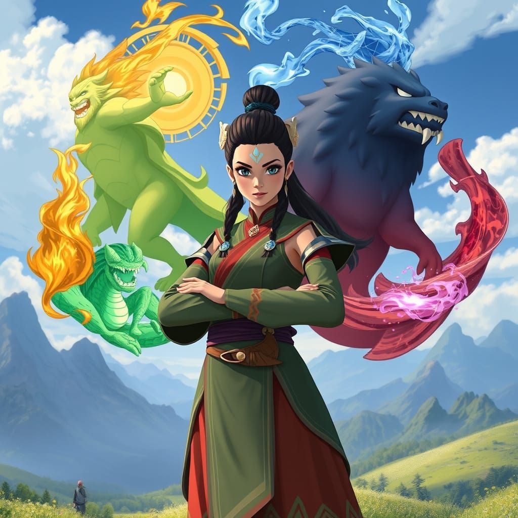 Kyoshi with Four Elements in Animated Style