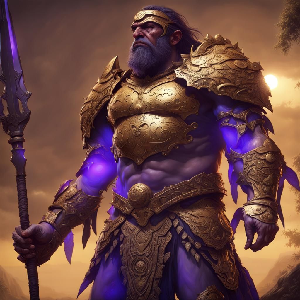 Neanderthal Warrior in Gold Armor on Steppe